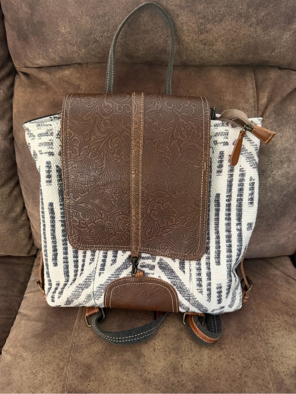 New Myra Brown Tooled Leather & Cream Patterned Men’s Backpack